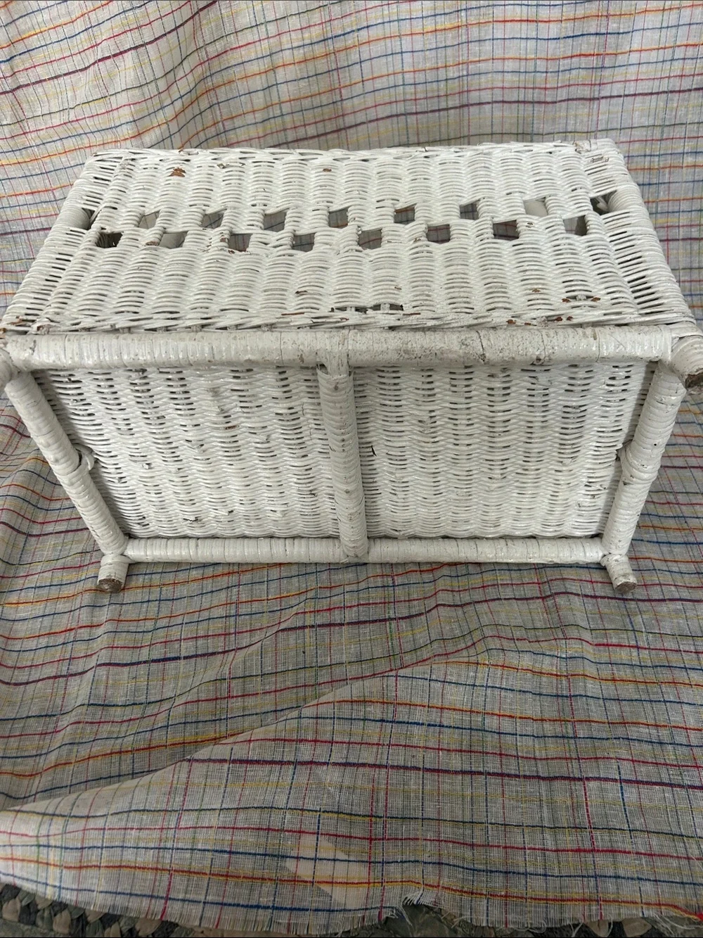 Vintage White Wicker Storage Basket with Handle